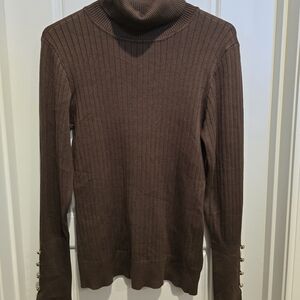 New York & Company Brown Ribbed Turtleneck with Gold Buttons